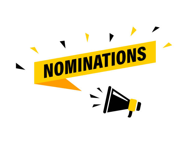 Lettrage « NOMINATIONS » sur banderole jaune avec illustrations d’un mégaphone et petits triangles noirs et jaunes