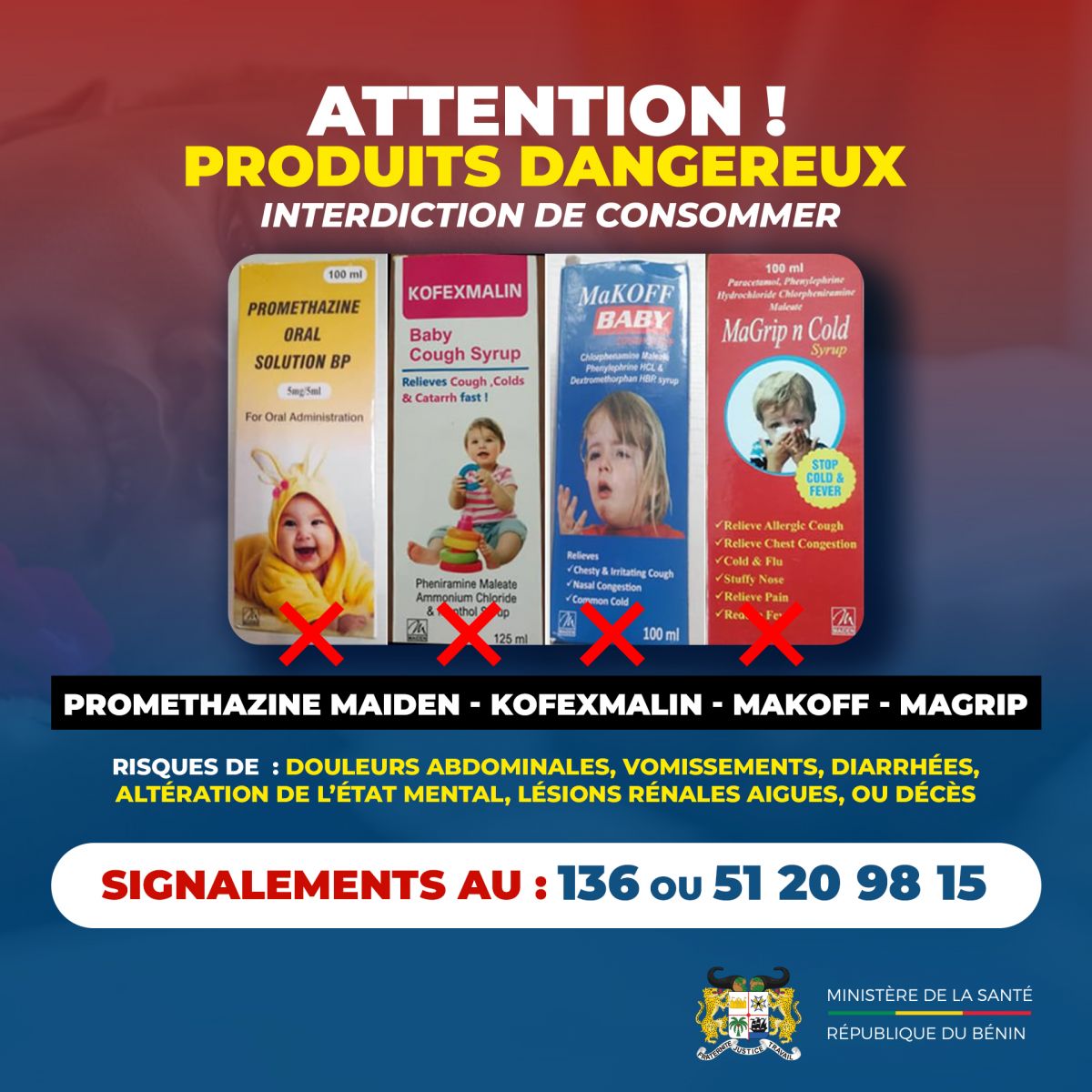 Quatre sirops pour enfants avec des croix rouges signalant leur interdiction accompagnés d’avertissements sanitaires et coordonnées de contact