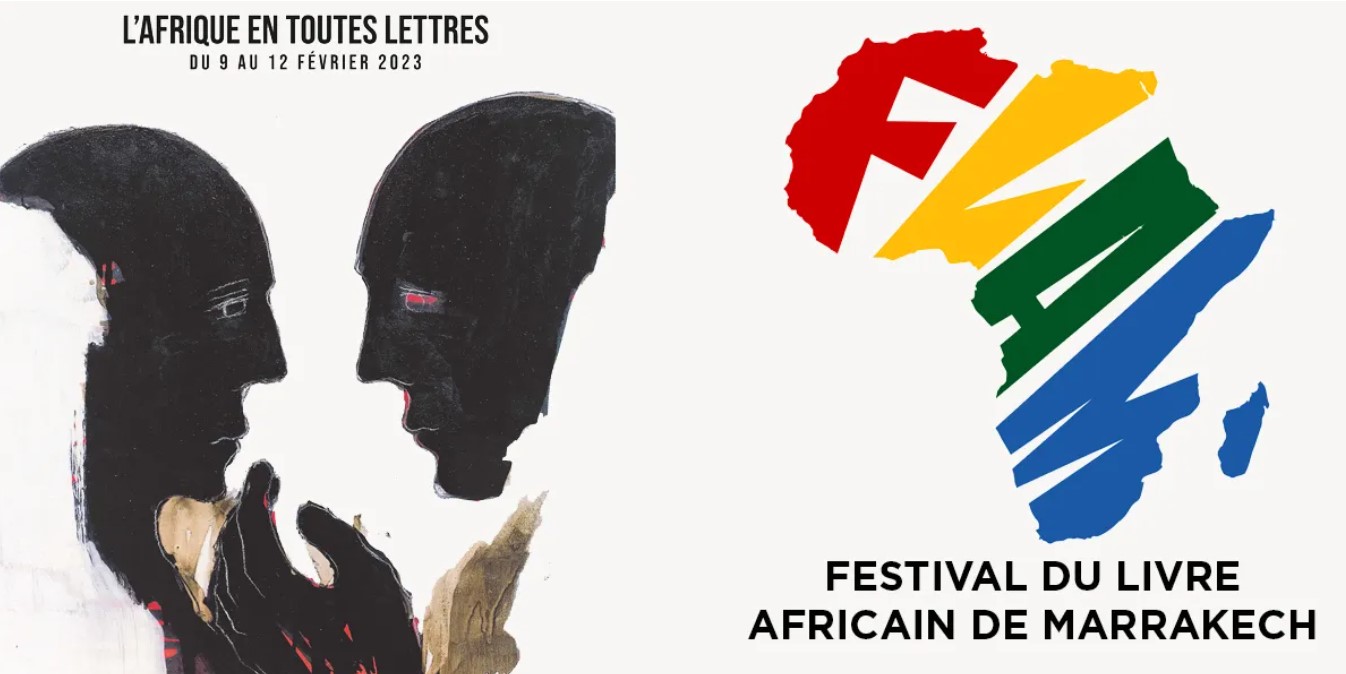 silhouettes noires de deux profils humains se faisant face avec une carte de l'afrique aux couleurs rouge jaune vert bleu et lettres f l a m à droite