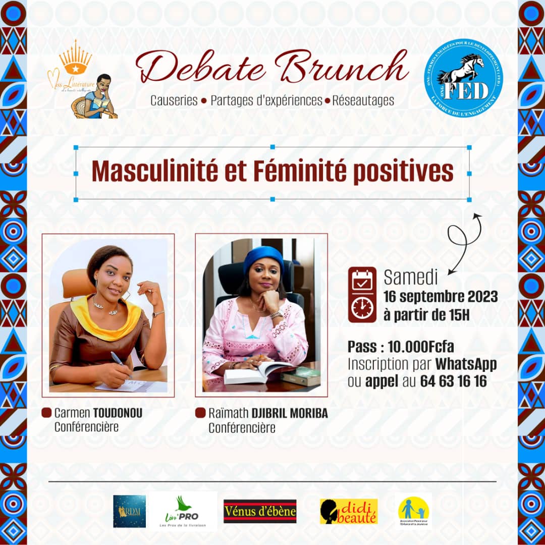 Affiche colorée présentant deux femmes invitées à un débat brunch sur la masculinité et féminité positives avec date, heure et informations d'inscription