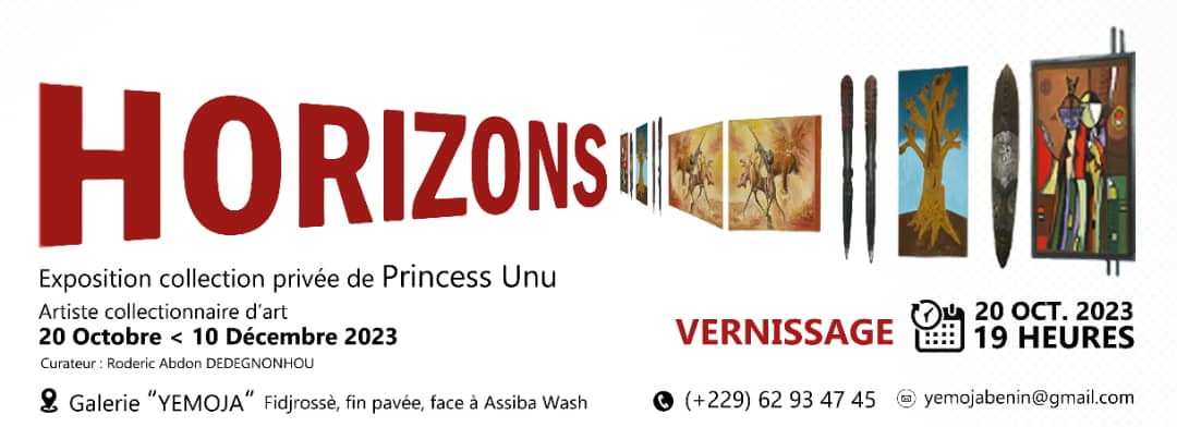 Affiche avec le titre Horizons en grands caractères et des informations sur une exposition artisanale avec œuvres et coordonnées de la galerie Yemoja