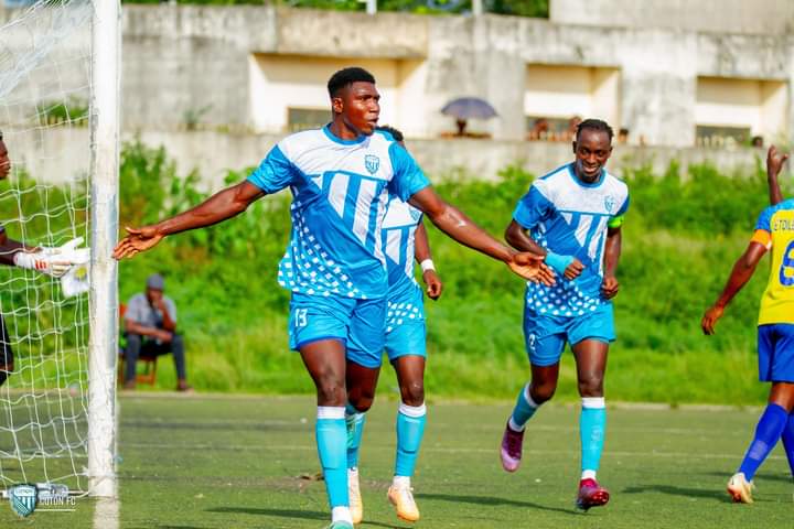 Deux joueurs en maillots bleus célèbrent un but sur un terrain de football en gazon synthétique