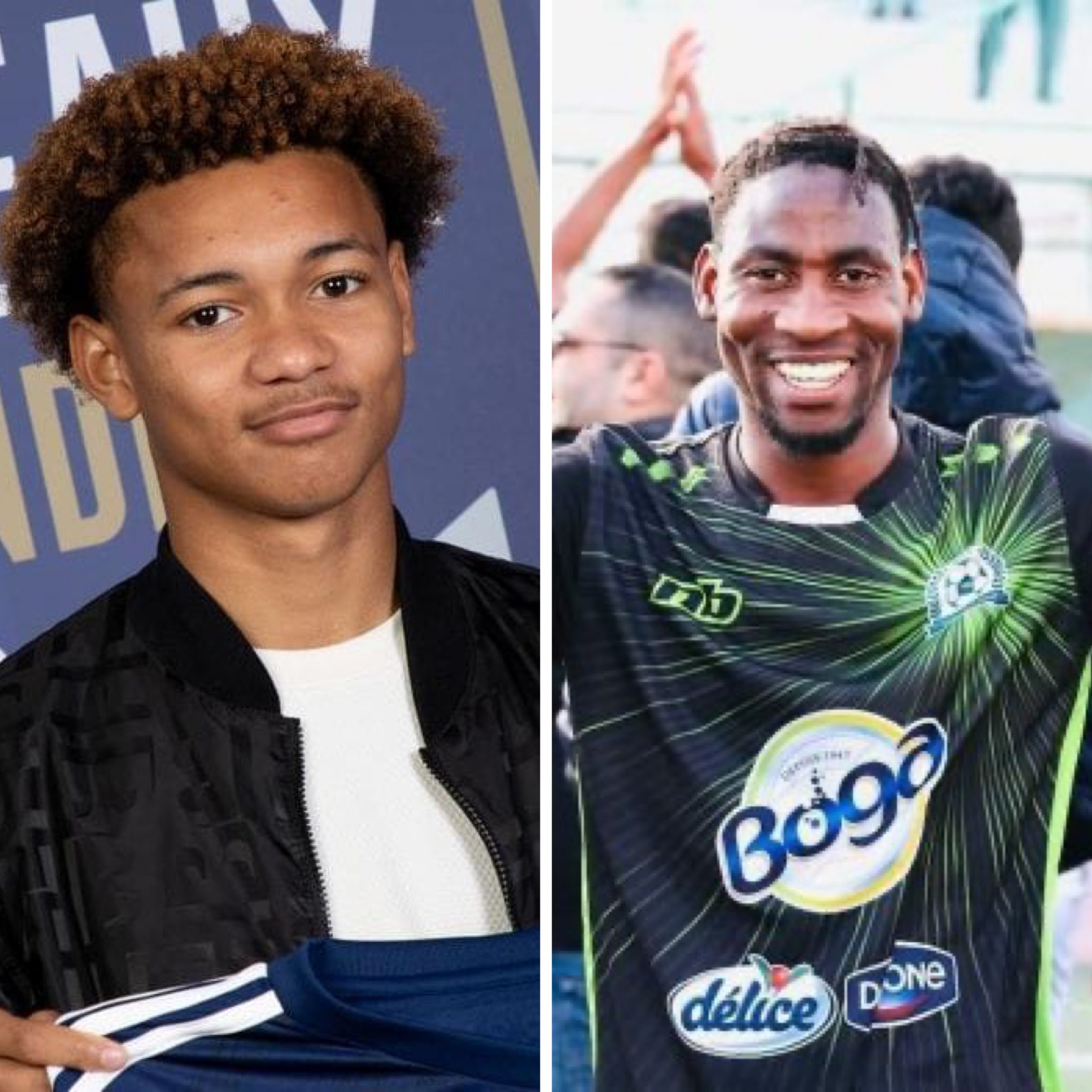 À gauche un jeune homme au visage sérieux tenant un vêtement bleuté, à droite un homme souriant portant un maillot de football noir à motifs verts