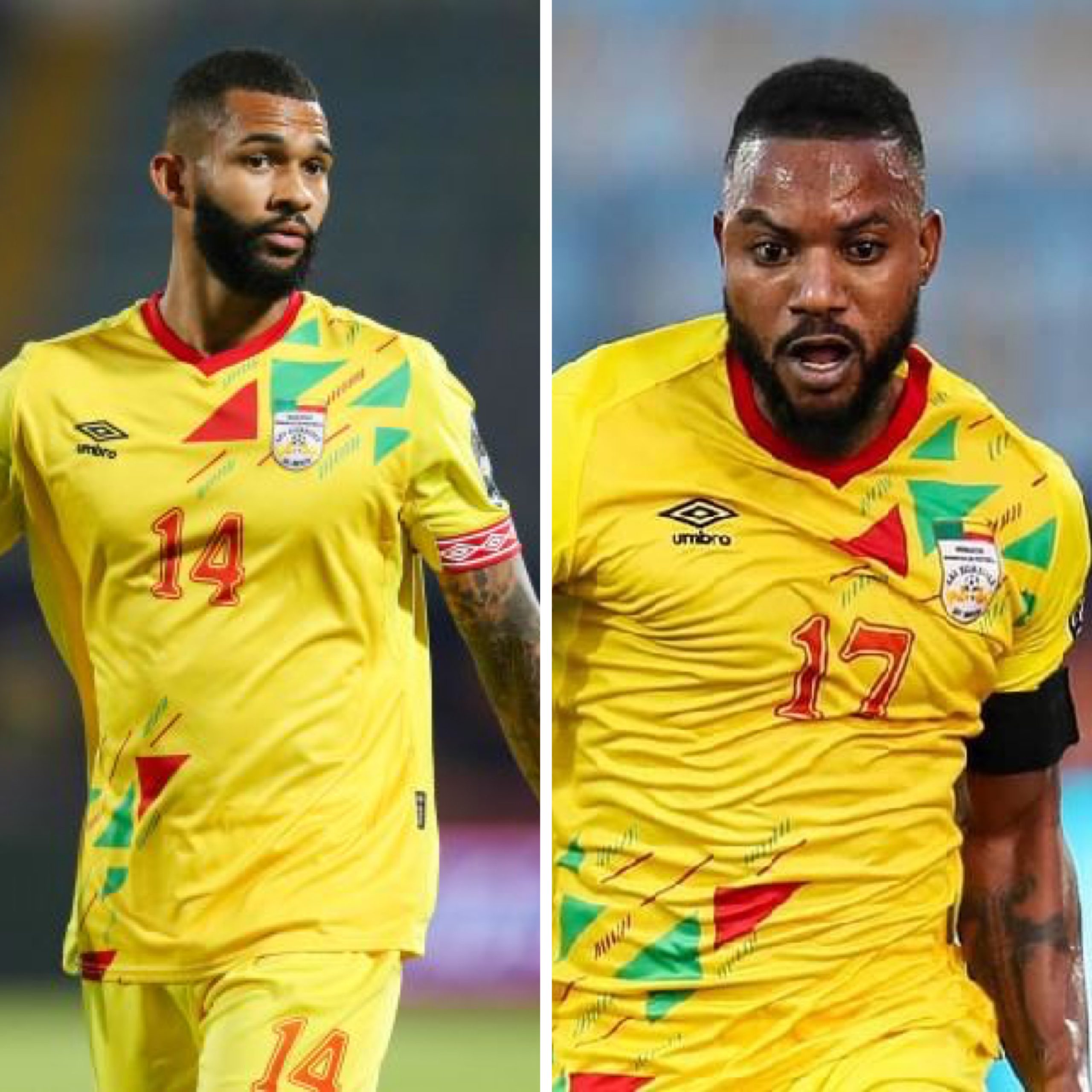 Deux joueurs en maillots jaunes aux couleurs d un drapeau africain, numéro 14 et 17, sur un terrain de football