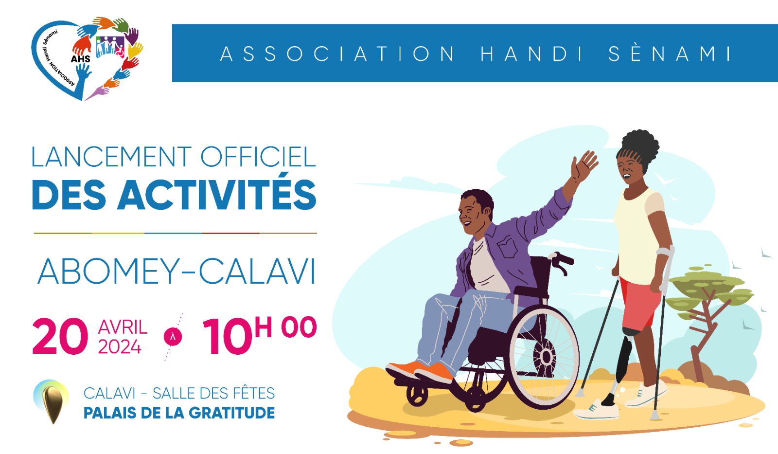 Affiche annonçant le lancement officiel des activités de l’Association Handi Sénami avec illustration de deux personnes dont une en fauteuil roulant