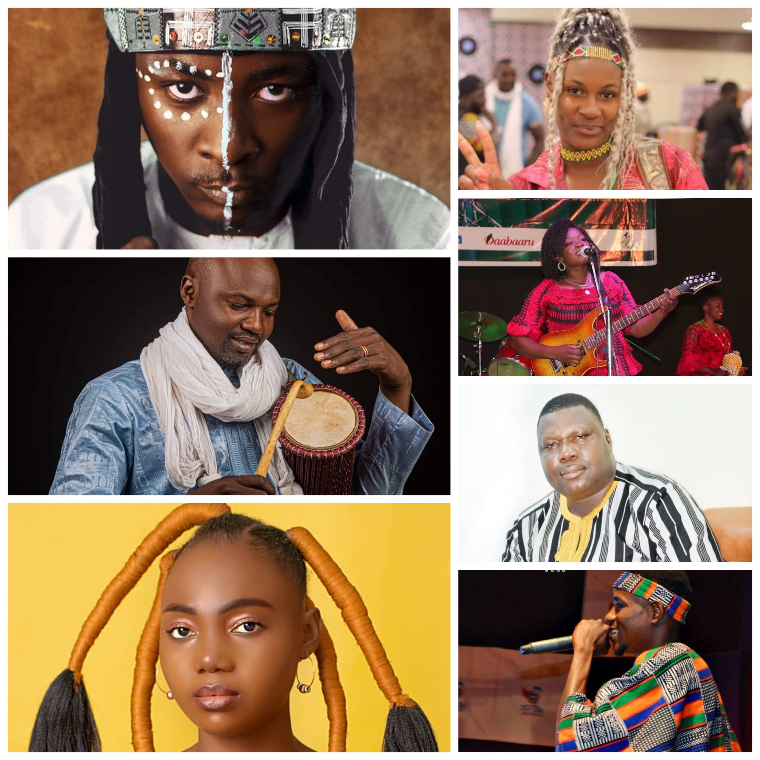 Portraits variés d’artistes en tenues traditionnelles, jouant d’instruments ou chantant sur scène lors d’un événement culturel