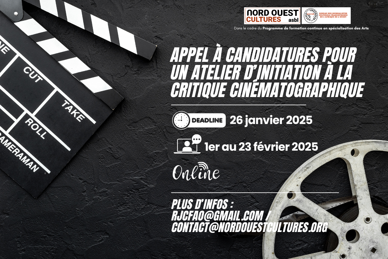 Claquette de cinéma et bobine argentique posées sur une surface noire avec texte d’appel à candidatures pour un atelier de critique cinématographique