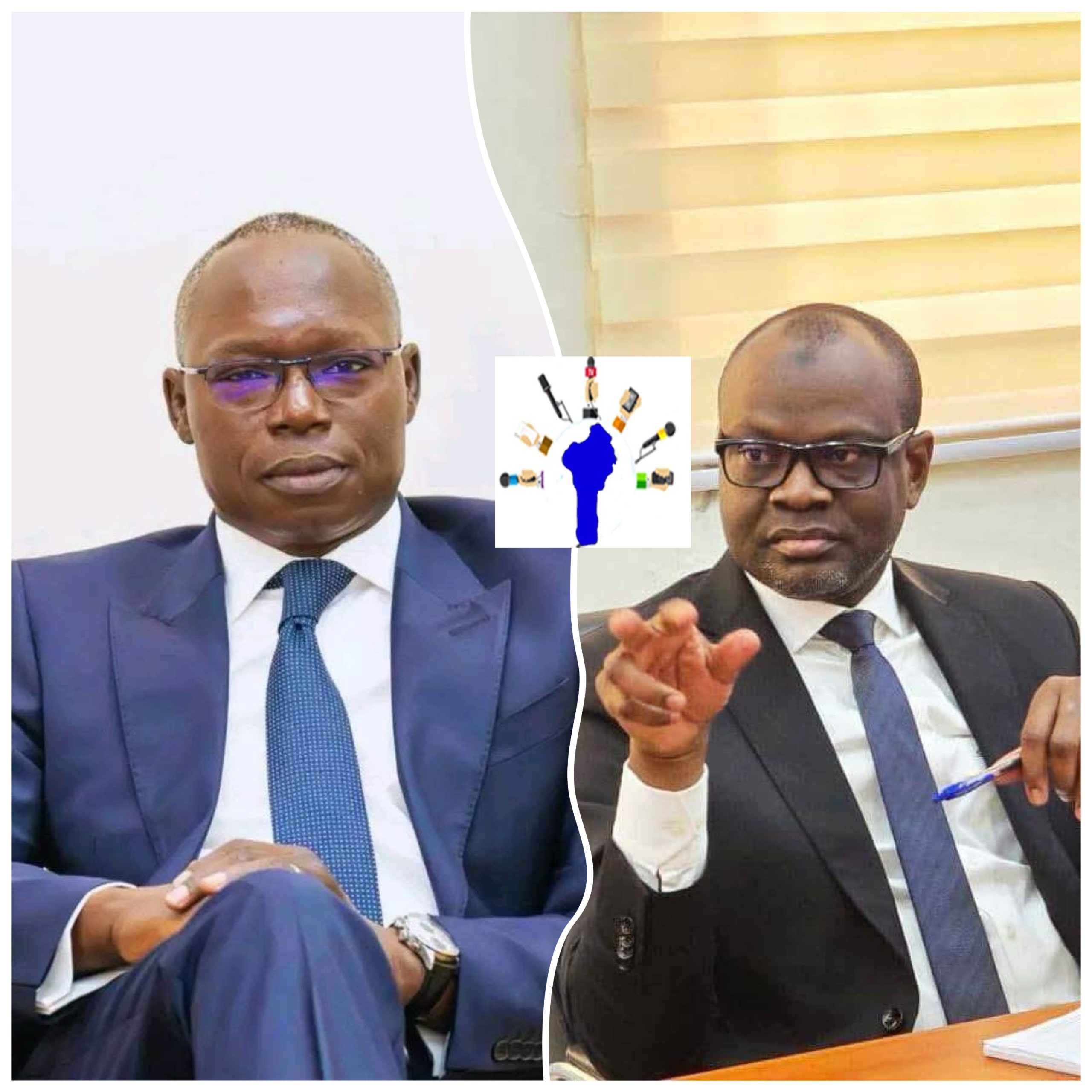 Deux hommes en costume et cravate portant des lunettes sont assis, l’un a les mains croisées et l’autre fait un geste avec la main droite