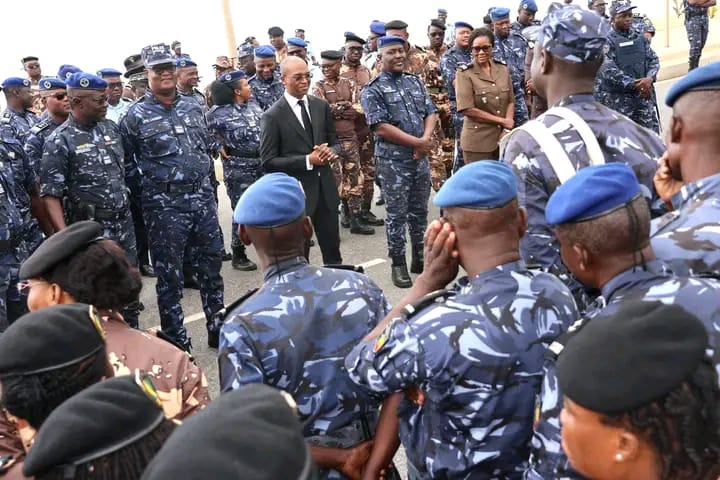 Un groupe de militaires en uniforme bleu et civils en tenue formelle en réunion en extérieur