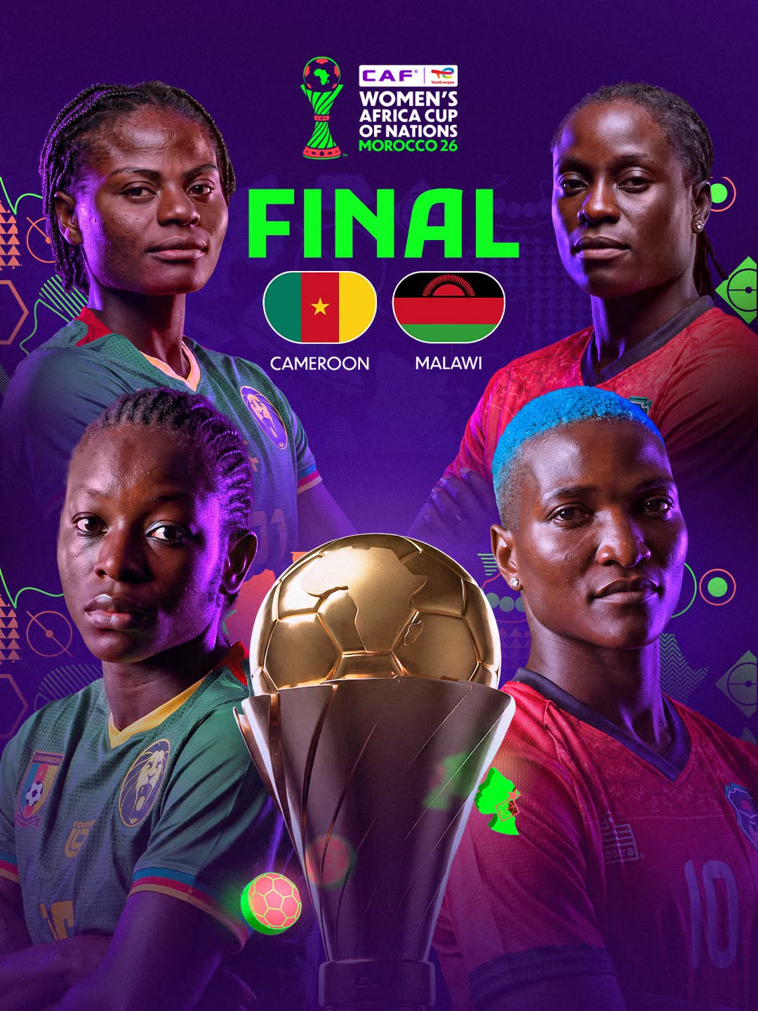 Affiche de la finale CAN féminine 2026 entre le Cameroun et le Malawi